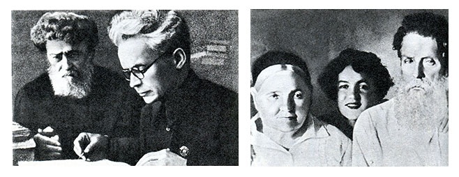 Довженко с отцом (слева). Мать, сестра и отец Довженко (справа)