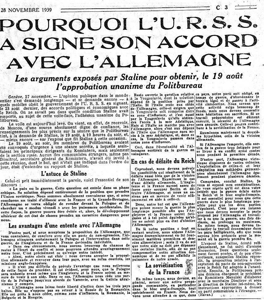 Публікація в газеті Le Figaro від 28 листопада 1939 року. Скріншот: gallica.bnf.fr