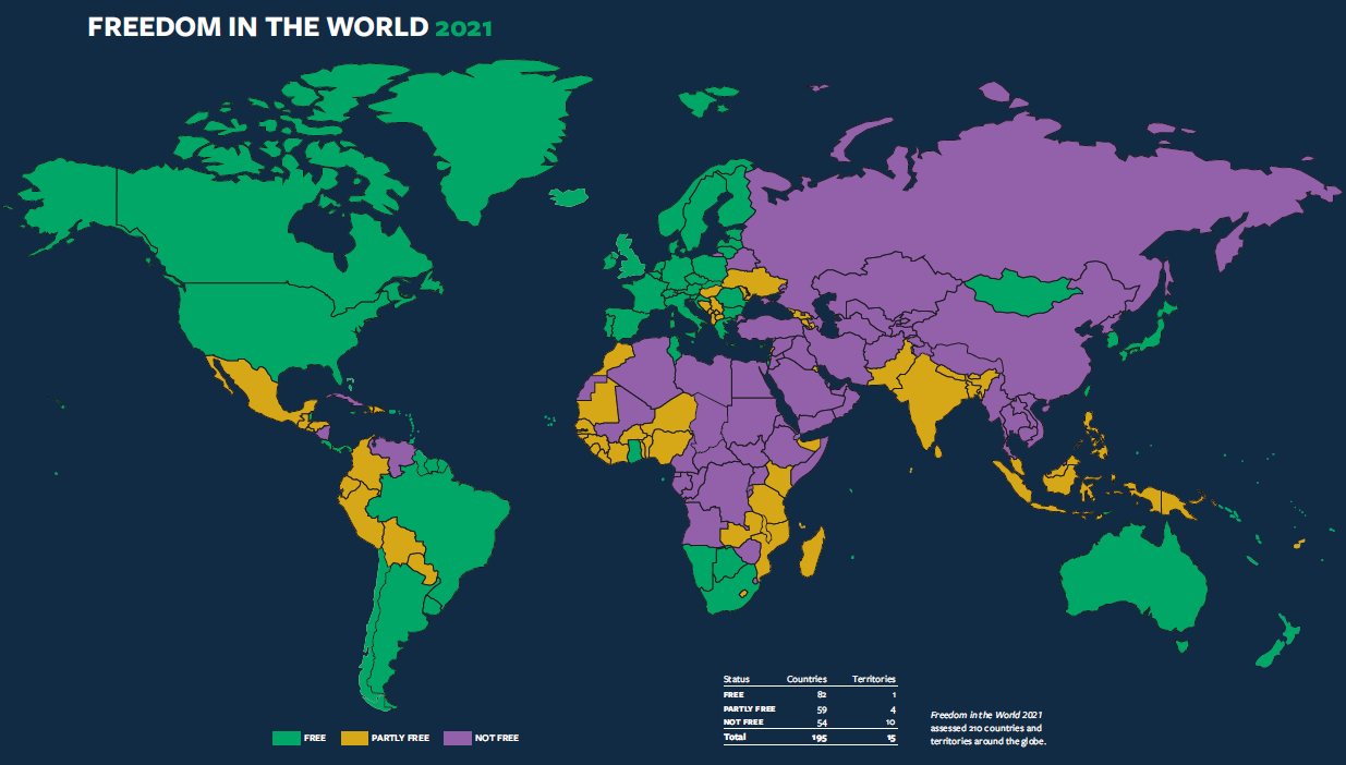 Карта зображує виключно рівень свободи в певних країнах або територіях і не завжди відтворює національні кордони держав, повідомили в Freedom House Ukraine. Інфографіка: freedomhouse.org